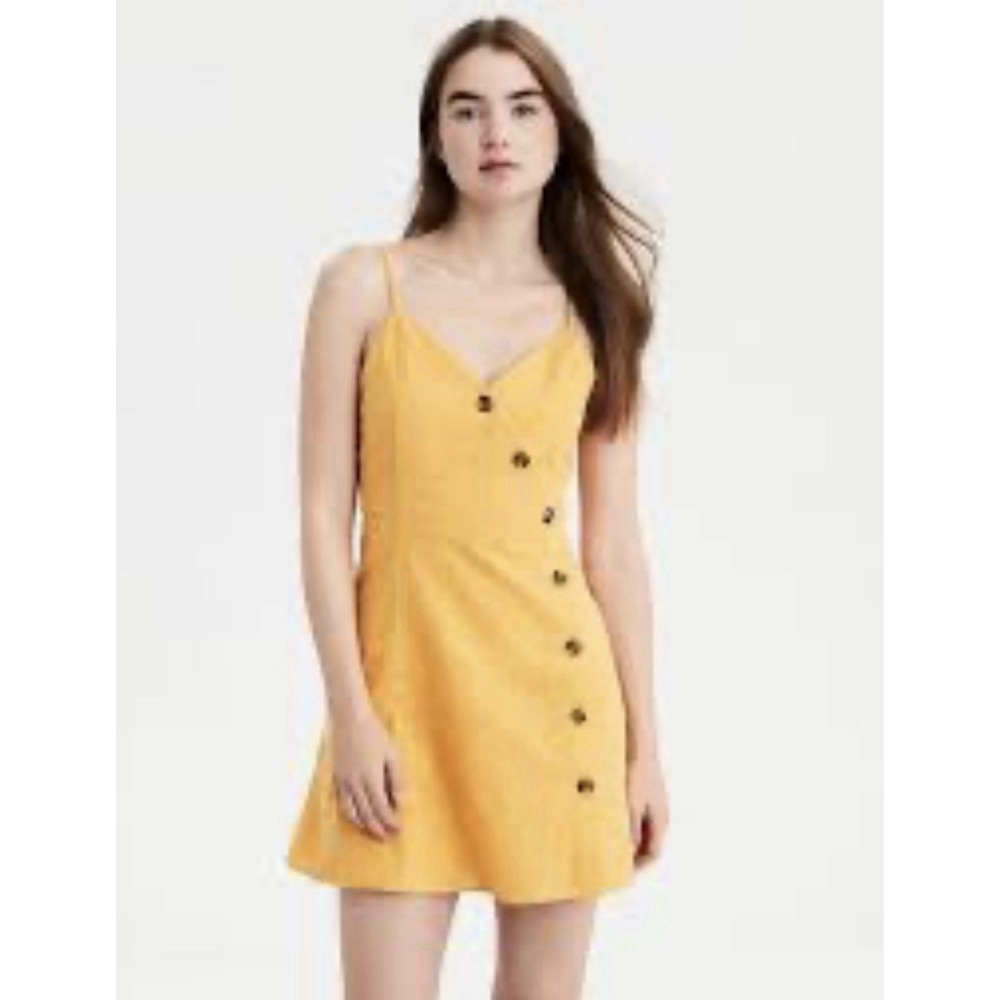 American‎ Eagle Women's Yellow Cotton Linen Blend Wrap Mini Dress Sz Large Short